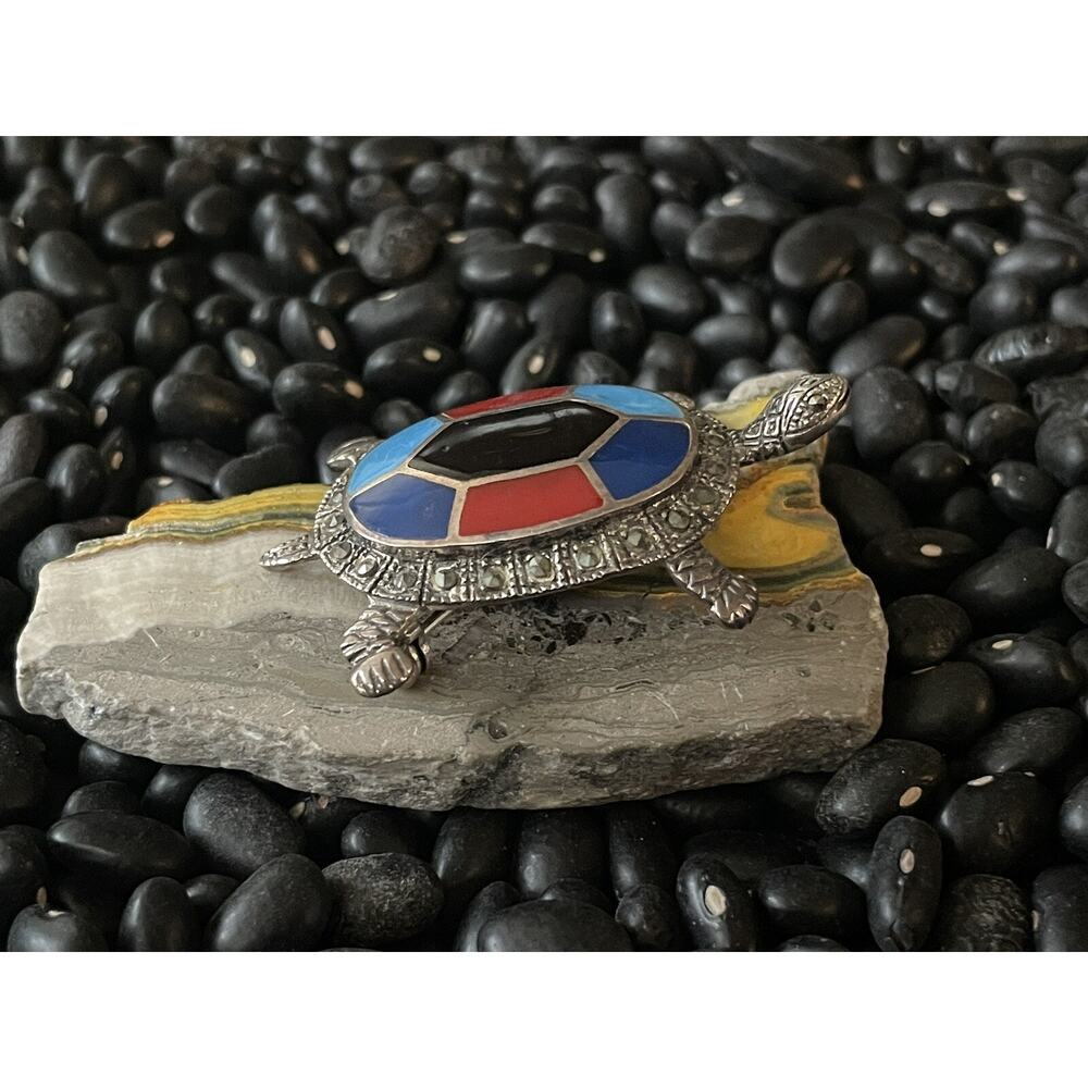 Sterling Silver Marcasite Enamel Turtle Tortuga Tortoise Brooch Pin 🐢Red Blue - Picture 5 of 10